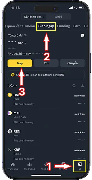 Bước 1: Đăng nhập vào ứng dụng Binance, chọn chức năng Ví (1), chọn ví Giao ngay (2) và ấn nạp (3)